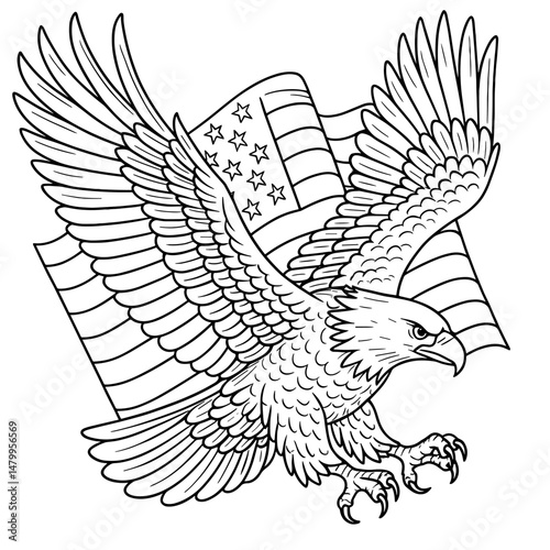 American Eagle: A majestic bald eagle soars in front of an American flag, symbolizing freedom, strength, and national pride. Illustrated in striking black and white.