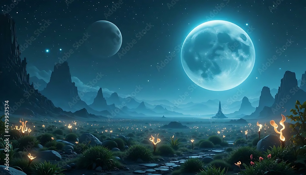Ethereal landscape at night with a full moon illuminating glowing flora and distant mountains Ethereal landscape at night with a full moon illuminating glowing flora and distant mountains