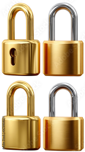 Security in Detail: Four intricately crafted padlocks in lustrous gold and silver, exuding an air of protection and safeguarding. Each lock is meticulously designed.