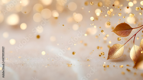 Golden leaves with shimmering particles create a magical atmosphere on a soft surface, enhancing the beauty of nature-inspired decor and design. Selective focus