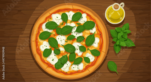 Flat vector art of pizza topped with mozzarella and basil on wooden table  
