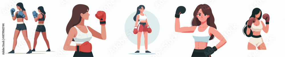 set of vector female boxer characters set of vector female boxer characters