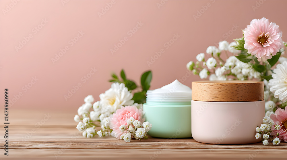 Natural skincare products displayed with delicate flowers on wooden surface, showcasing beauty and wellness in a serene environment. Selective focus Natural skincare products displayed with delicate flowers on wooden surface, showcasing beauty and wellness in a serene environment. Selective focus