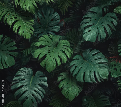 Lush, dark green tropical leaves, vibrant exotic blooms , dark green, monstera, leaves