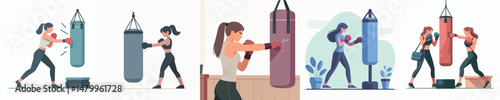 female character vector hitting punching bag