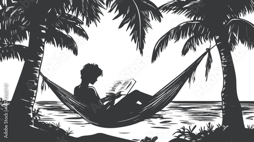 Relaxing in a Hammock Under Palm Trees by the Water with a Book - Perfect for Summer Vacation, Tranquil Escape, and Tropical Reading Retreat