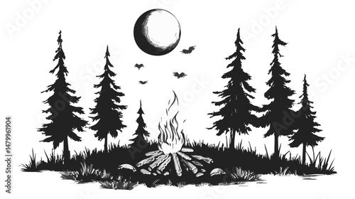 Serene Night Scene Featuring Campfire Under Full Moon Surrounded by Tall Pine Trees in Woodland Setting