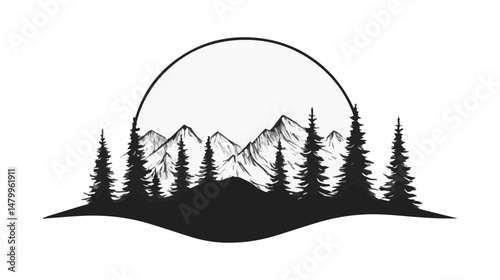 Majestic Mountain Range Silhouette with Pine Trees and Rising Sun in Black and White for Tranquil Outdoor and Nature Inspired Designs