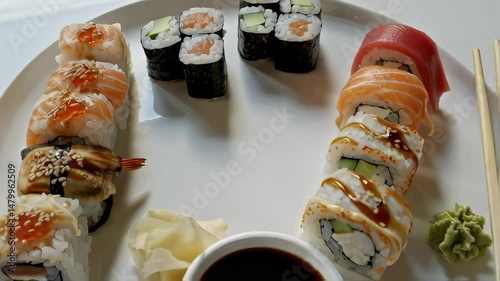 Assorted sushi rolls on a white plate.