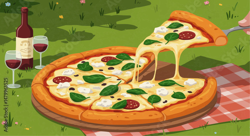 Delicious pizza with cheese and toppings served on picnic blanket outside  