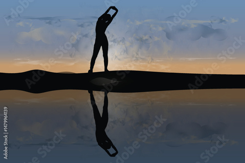 Woman exercising in the evening at sunset, Wrong Time exercise concept, vector illustration design background