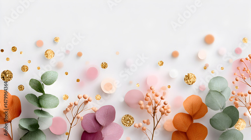 Colorful floral arrangement with various leaves and decorative elements on a clean white background, creating a vibrant and elegant atmosphere for design projects. Selective focus