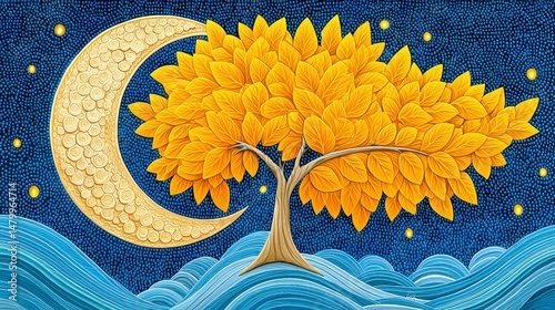 Golden Tree and Crescent Moon Mosaic Artwork