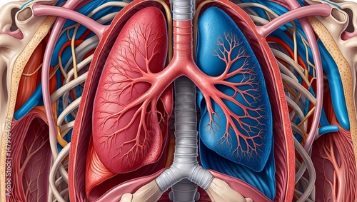 Intricate medical illustration of human lungs anatomy