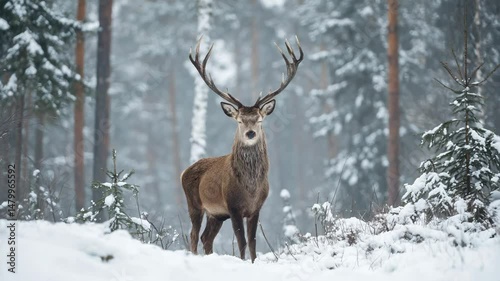 Wallpaper Mural Wild deer standing in snowy winter forest with antlers and looking straight ahead in calm natural scenery Torontodigital.ca
