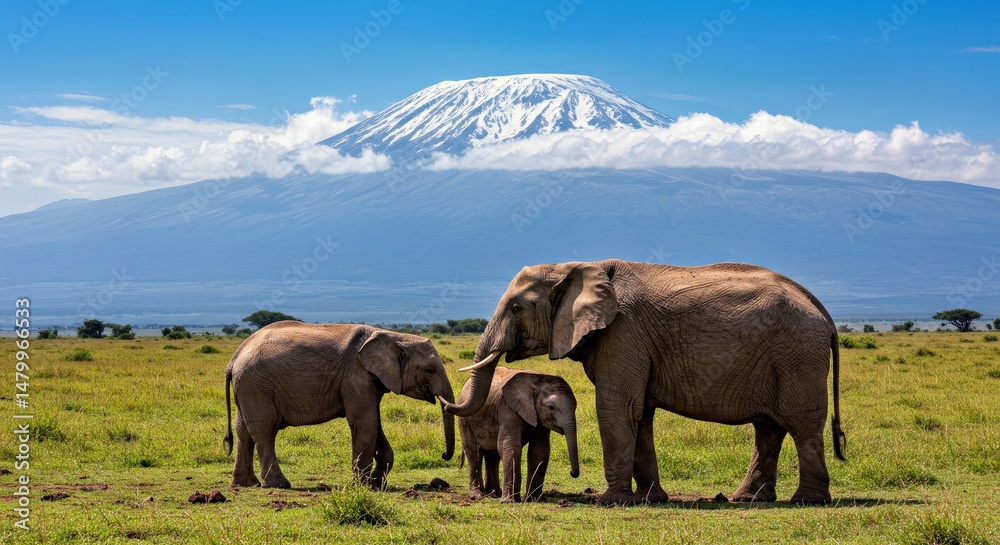 Fototapeta premium Elephant Family Kilimanjaro View; Majestic African Wildlife Scene, Iconic Mountain Backdrop