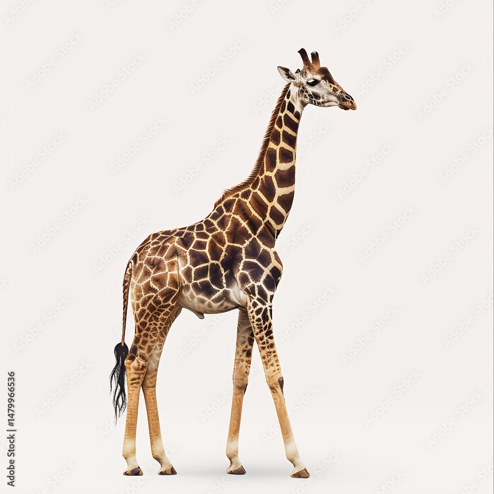 Fototapeta premium A majestic giraffe stands tall, its long neck reaching the sky, with a beautiful mosaic coat and striking blue eyes, showcasing its elegance and grandeur.