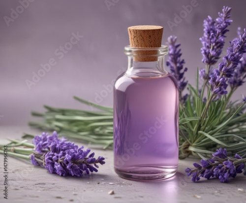 Lavender essential oil bottle with fresh flowers , nature, violet