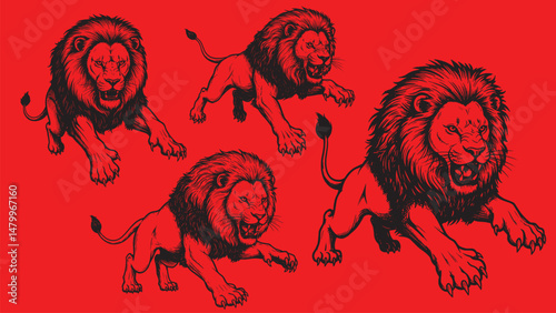 Engraved vintage lion mid-attack leaping forward with claws extended intense eyes and full muscular tension