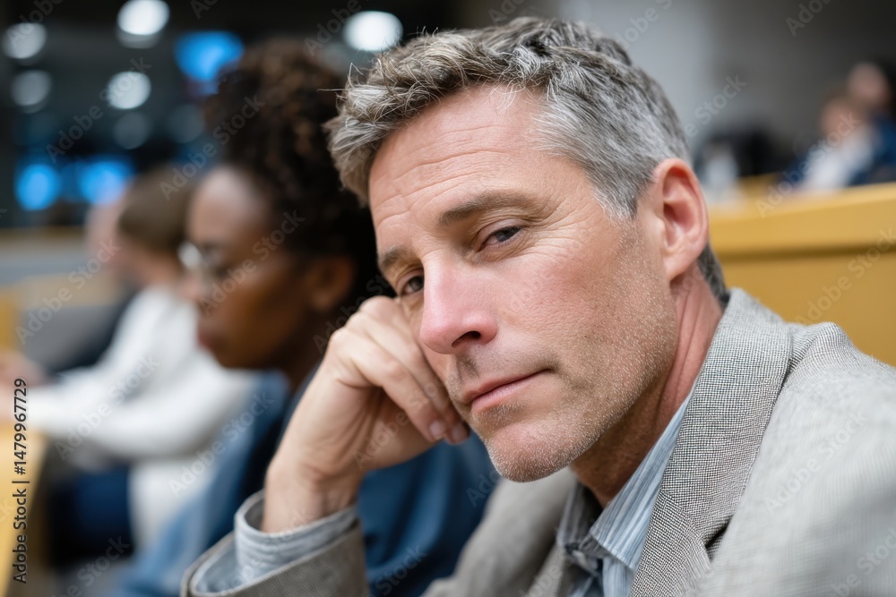 A thoughtful man observes his surroundings in a university classroom, contemplating ideas and interactions amidst a diverse group of individuals. A thoughtful man observes his surroundings in a university classroom, contemplating ideas and interactions amidst a diverse group of individuals.