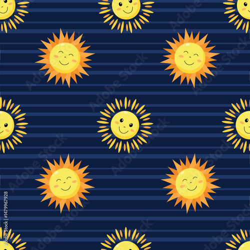 Seamless pattern with sun on blue striped background. Perfect for children's textiles. Vector