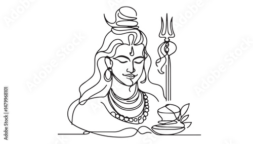 Continuous one single minimal line drawing lord shiva