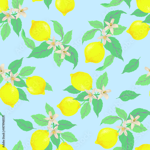 Lemon tropic summer background. Seamless vector botanical pattern. Textile print.