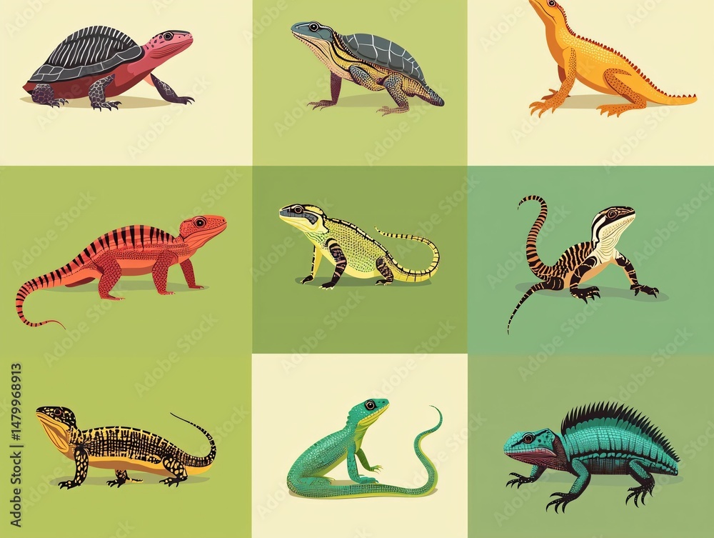 Fototapeta premium Colorful Illustrations of Various Lizards and Reptiles for Learning