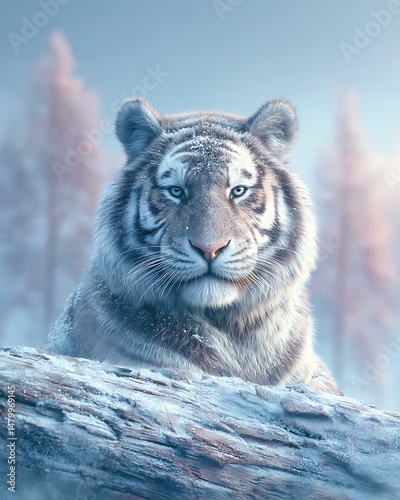 Elegant Tiger Perched on Snow Dusted Log with Focused Eyes in a Serene Winter Landscape photo