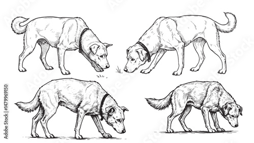 Curious dog sniffing ground engraved in vintage woodcut style expressing instinct focus and movement