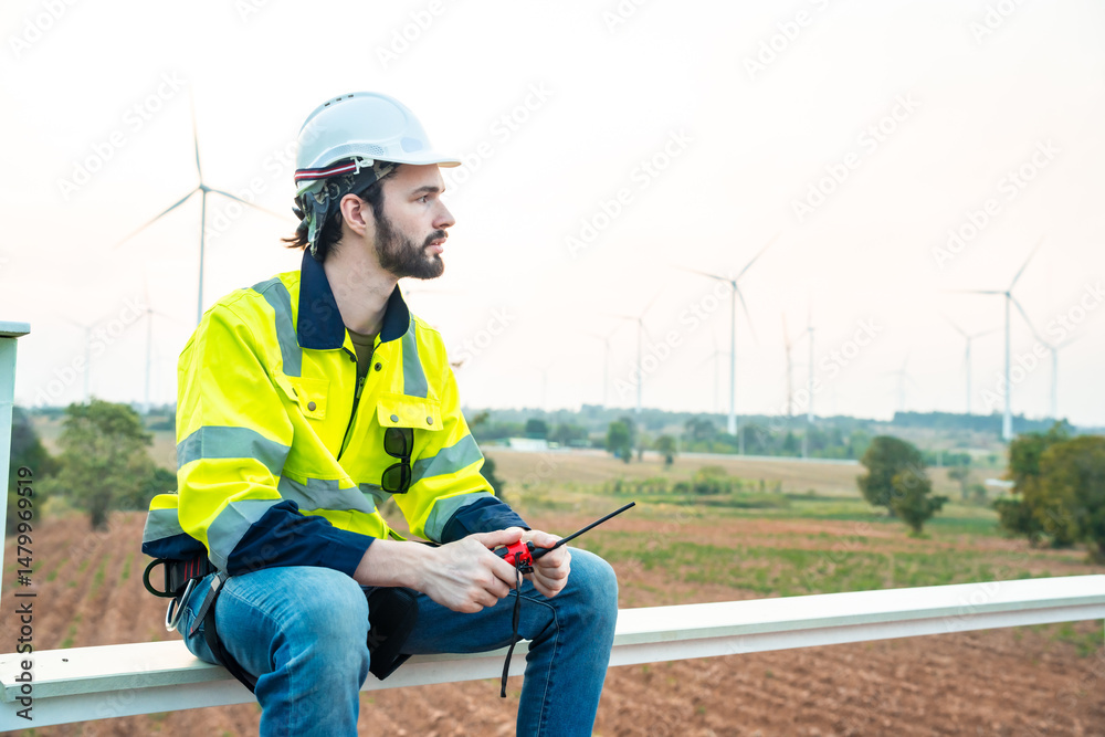Obraz premium Technician and Engineer Working on a Windmill Turbine in the Field, Harnessing Renewable Energy for Sustainable Power Generation, Using Advanced Technology and Innovation to Support the Environmental