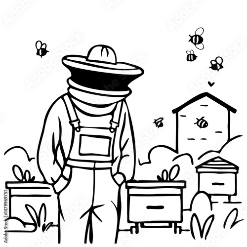 Beekeeper in special protective clothing stands in apiary near hives with bees. Vector illustration in line art style
