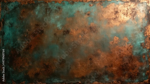 An abstract painting with copper and green tones. The textured surface creates depth, with metallic sheen in copper areas and a matte finish in green sections, forming a dynamic and visually engaging  photo