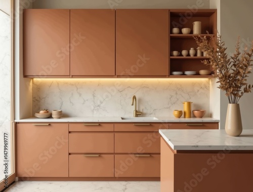 Modern kitchen with terracotta cabinets, white stone countertop, and matte gold hardware. 
