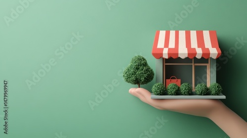Miniature shop held in a hand, surrounded by greenery