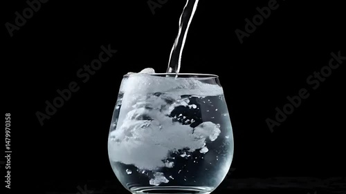 Filling a glass of water on black background. Healthy and fresh water. Slow motion, generative AI