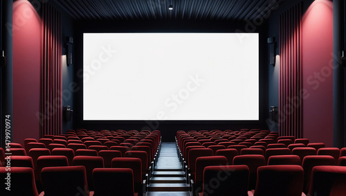Blank white movie screen in dimly lit cinema with plush rows of seats. Perfect for film advertising, theater branding, or cinematic UI mockups.