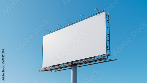Isolated billboard mockup with blank screen on strong metal frame under bright cloudless blue sky. Simple, professional design ideal for marketing concepts.