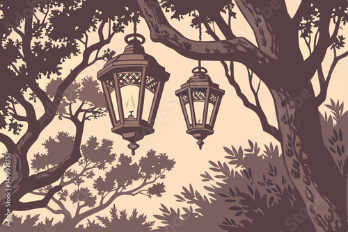 7 ornate bronze lanterns hanging from tree branches, ornate metallic lanterns with candles, detailed foliage and branches, dramatic lighting, glowing lanterns, renaissance style, digital painting, hig