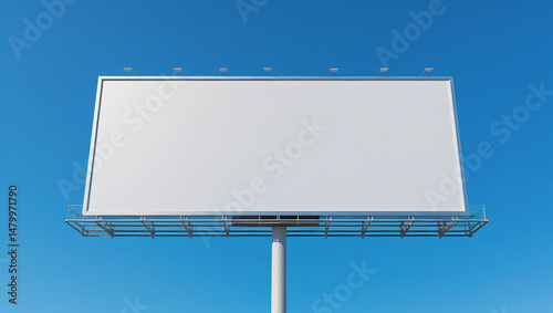 Billboard mockup with white display and sturdy pole set against clear blue sky. Bright lighting highlights sleek structure and minimalistic composition.