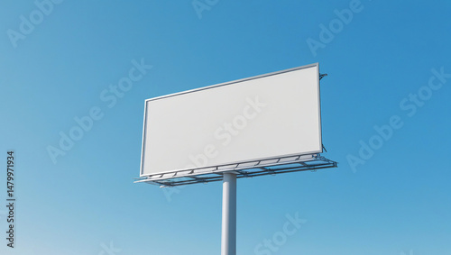 Clean billboard mockup featuring blank white screen on metal frame with single pole, isolated on vivid blue background. Perfect for focused advertising presentations.