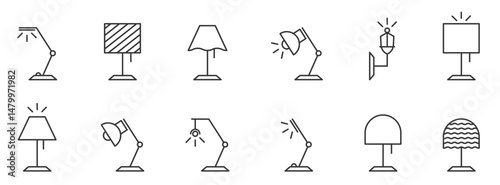 PrintLamp icon set. Illuminator construction. Interior lamp collection. Vector illustration