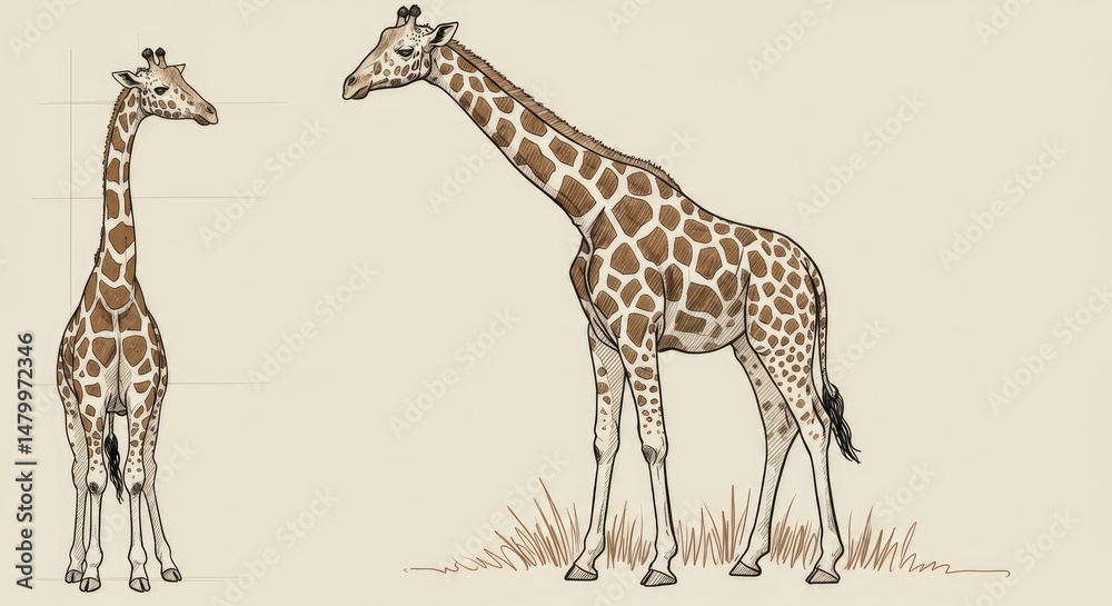 Obraz premium Hand-Drawn Giraffe Illustration; African Wildlife Sketch, Tall Mammal Art Design