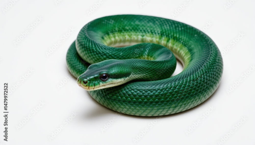 Obraz premium a sleek snake, white background, emerald scales, coiled pose, 4k resolution