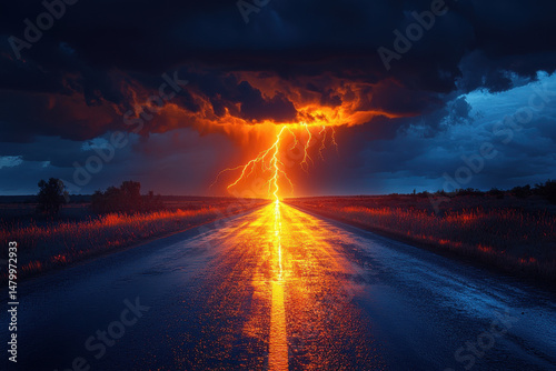 Lightning bolt strikes road in rural area.