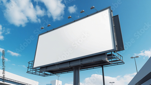 Large outdoor billboard mockup with blank white screen, mounted on metal frame against bright blue sky and urban background. Clean, professional advertising concept.
