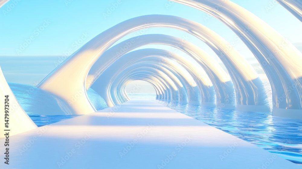 Naklejka premium Serene white arched pathway over water leading to a bright horizon