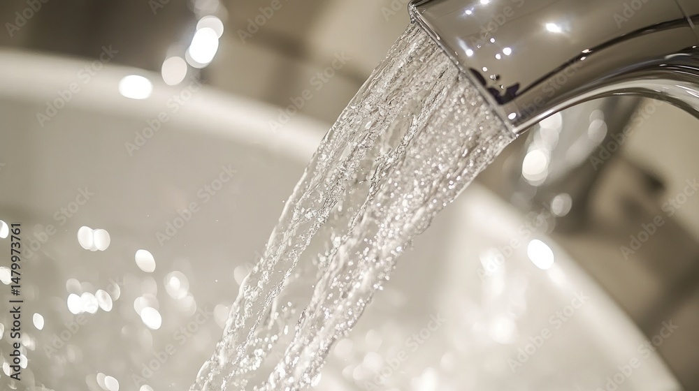Close-up of water flowing from a chrome faucet into a sink Close-up of water flowing from a chrome faucet into a sink