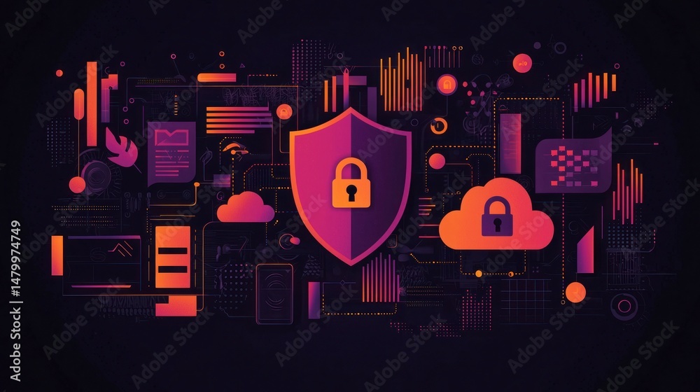 Obraz premium Digital shield and cloud security illustration.
