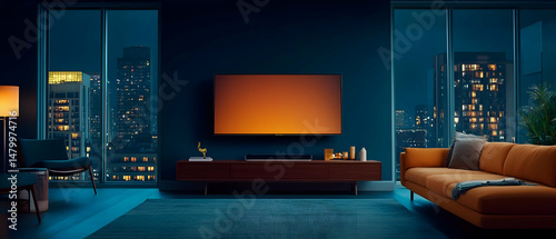 Night View Apartment Living Room With Orange TV